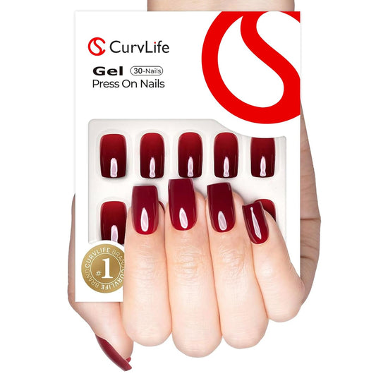 Curvlife Gel Press on Nail, 30Pcs 15 Sizes Nail Tips, Full Cover Deeo Red Design Reusable Gel Nails Kit with Glue and Adhesive Tabs