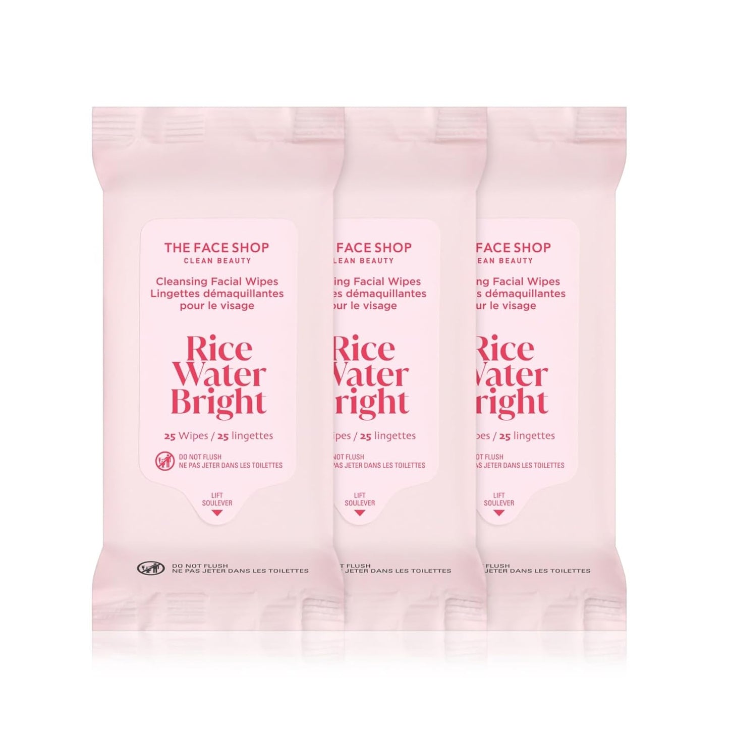 THE FACE SHOP X GLAMZILLA Rice Water Bright Cleansing Wipes On-the-Go Bundle for Face, Moisturizing, Infused with Rice Extract, Cleansing Facial Wipes, 25 Count (Pack of 3)