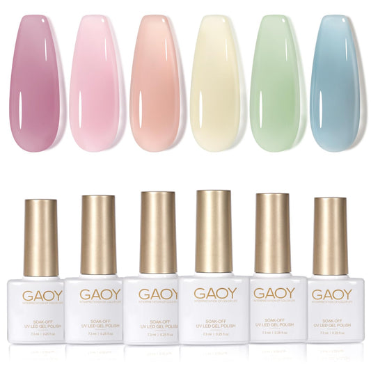 GAOY Jelly Green Spring Summer Gel Nail Polish Set, 6 Transparent Colors Sheer Blue Pink Nude Soak Off UV Light Cure Gel Polish Kit for Salon and Nail Art DIY at Home