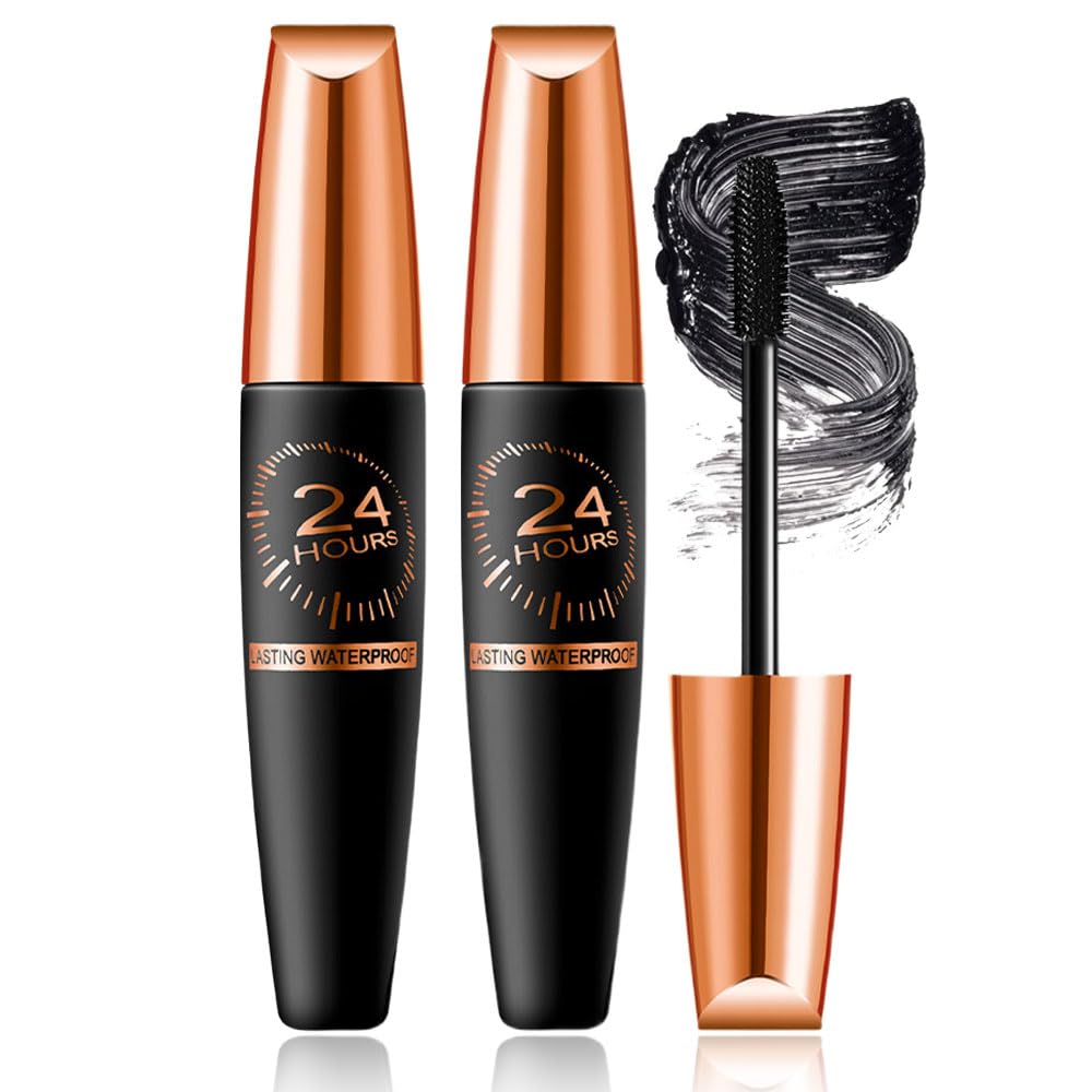 2 PCS Waterproof Silk Fibre Thick Lengthening Mascara, 4D Silk Fiber Lash Mascara for Women, Long Lasting Smudge-Proof Curling Eyelashes Mascaras Black Volume and Length Natural, All Day Full (2 PCS)
