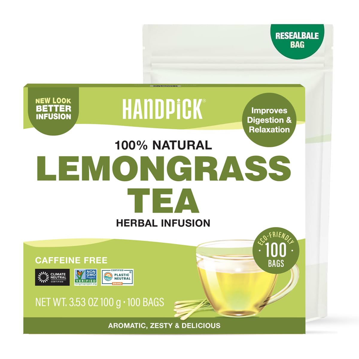 HANDPICK, Lemongrass Tea Bags (100 Count) Non-GMO, Caffeine Free - Quality Lemongrass Herbal Tea- Eco-conscious Round Tea Bags | Brew Hot or Iced Tea