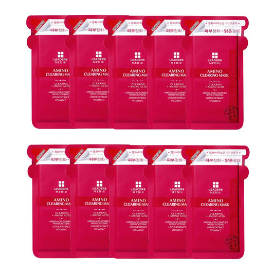 Leaders Mediu Amino Brightening & Clearing Facial Sheet Mask | Vitamin C, Lotus Extract for Acne Scars, Hyperpigmentation, Dark Spots, Even Skin Tone (10 Sheets)