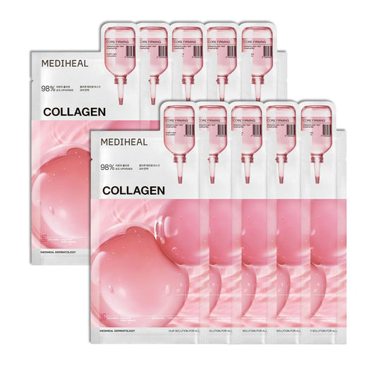Mediheal Collagen Essential Sheet Mask Core Firming 10 pcs. 98% Vegan Collagen for firming, elasticity, and skin density improvement. Vegan formula.