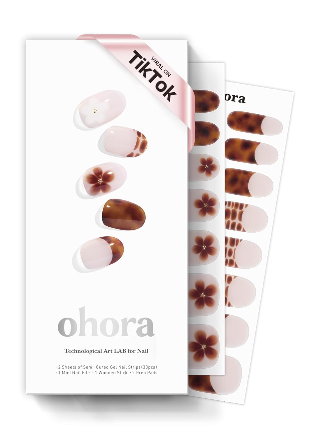 ohora Semi Cured Gel Nail Strips (N Tiki Tortoise) - Works with Any Lamps, Salon-Quality, Long Lasting, Easy to Apply & Remove - Includes 2 Prep Pads, Nail File & Wooden Stick