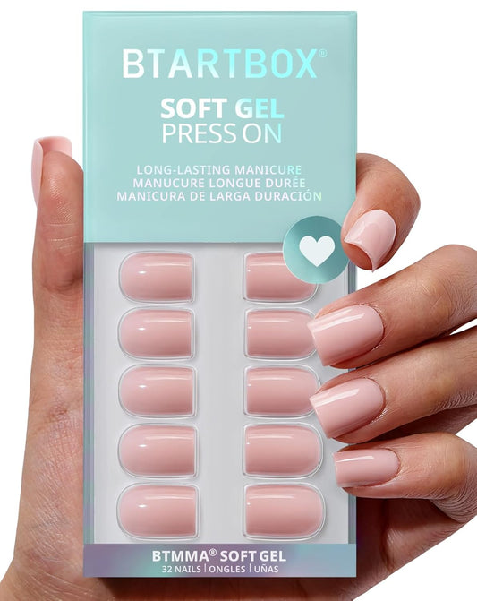 BTArtbox Press On Nails Square - Pastel Pink Short Press On Nails with Glue for Women, Opaque Soft Gel Glue On Nails in 16 Sizes - 32 Stick On Nails Kit, Metro Mocha