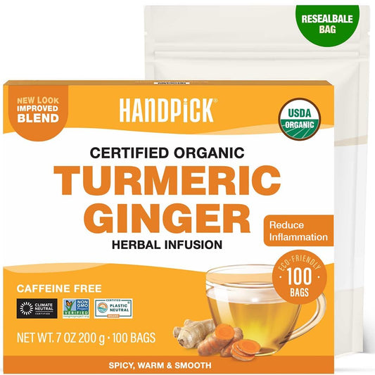 HANDPICK, Organic Turmeric Ginger Tea (100 Tea Bags) | Authentic Indian Origin | Caffeine Free, Gluten Free, Non-GMO | 100% Pure Herbal Blend - Savory & Spicy I Ecofriendly round tea bags