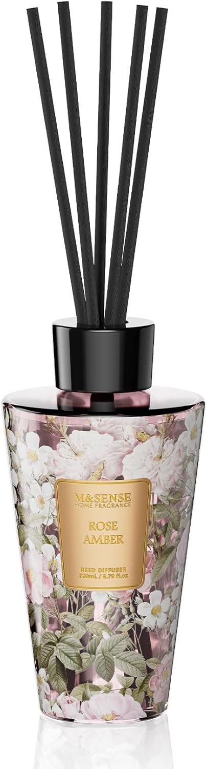 M&SENSE Rose Amber Reed Diffuser Set - 8.79fl oz Home Fragrance Non-Toxic Essential Oil Diffuser with All Natural Sticks, Air Freshner Gifts for Bathroom Bedroom Office Home Decor