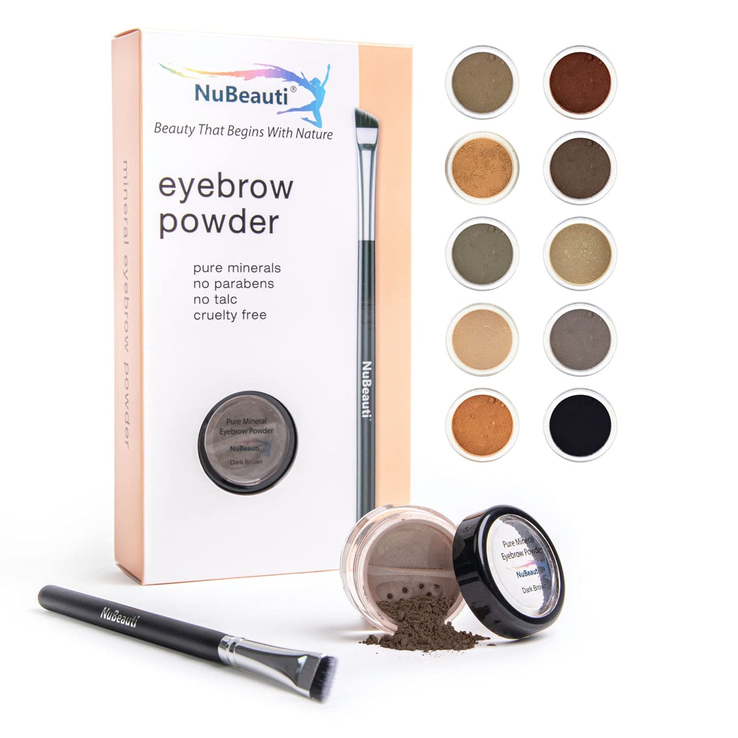 Mineral Eyebrow Powder by NuBeauti - Natural Brow Makeup Kit with Angled Contour Brush for Precision Sculpting to Color Eyebrows Precisely for Beautiful Perfect Professional Brows - (Dark Brown)