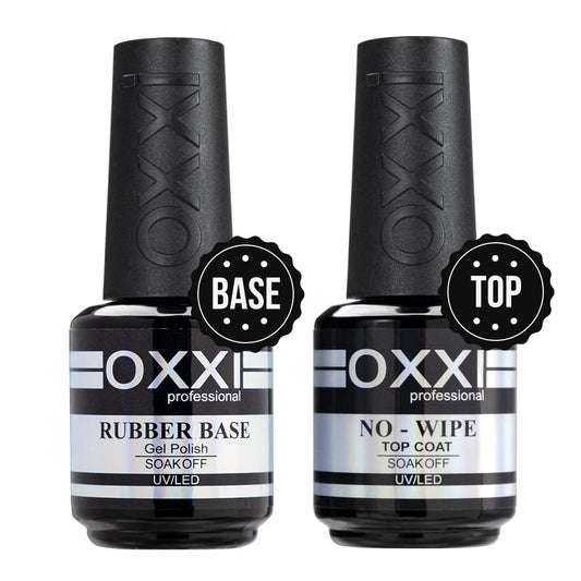 OXXI Professional 2X15ml Rubber Base Gel,No Wipe Top Coat Gel Nail Polish Set,Self-leveling Thick Nail Base Coat and High gloss anti-hanging and wear-resistant Top Coat Gift Box Salon Starter Kit