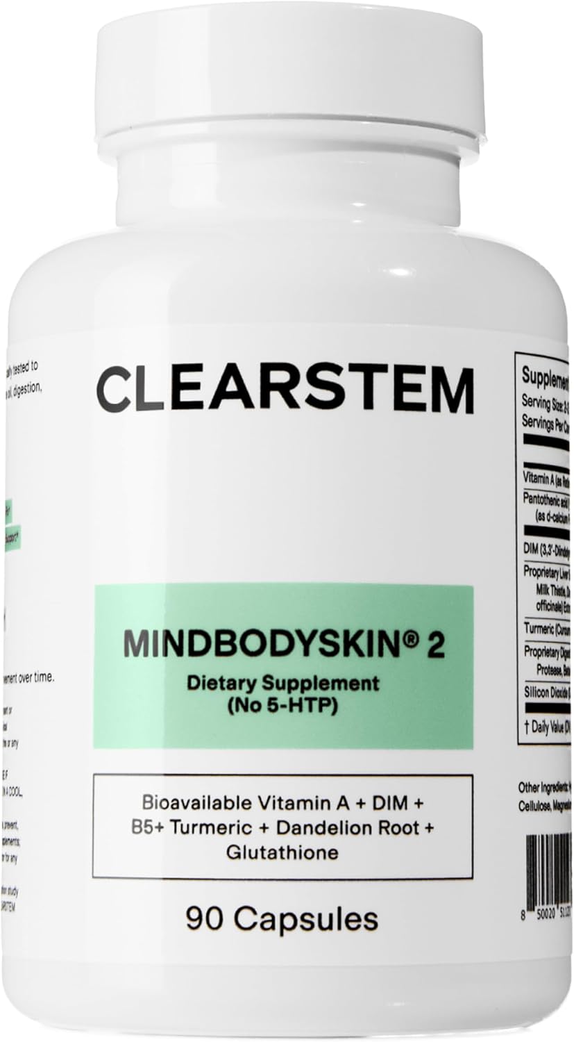 CLEARSTEM - MINDBODYSKIN Hormonal Acne Supplement (No 5-HTP) - Natural DIM Supplement - Skin Care Vitamins - Hormone Balance, Antioxidants - Gluten Free, Cruelty Free - 30 Servings, 90 Capsules