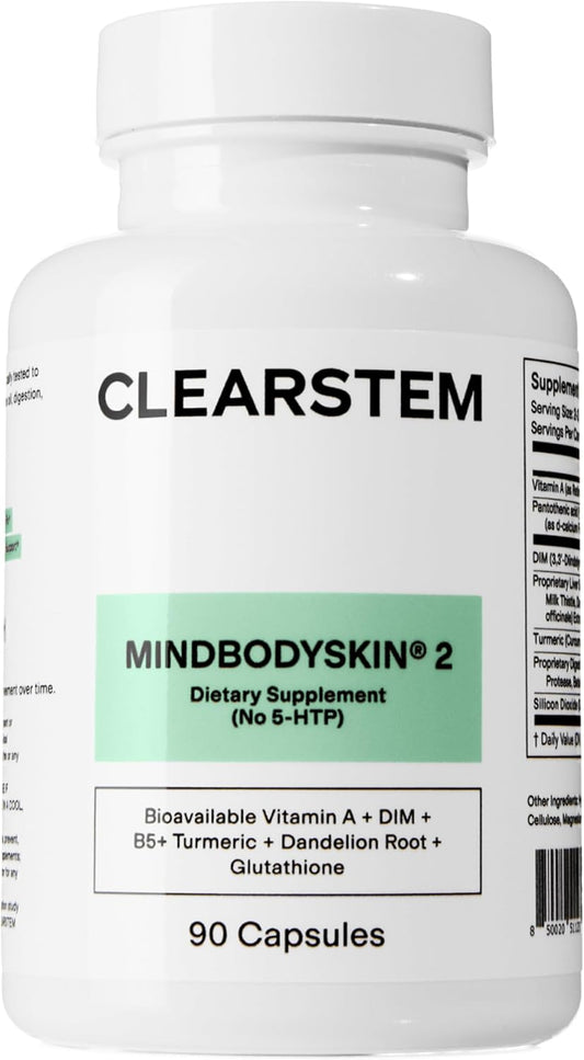 CLEARSTEM - MINDBODYSKIN Hormonal Acne Supplement (No 5-HTP) - Natural DIM Supplement - Skin Care Vitamins - Hormone Balance, Antioxidants - Gluten Free, Cruelty Free - 30 Servings, 90 Capsules