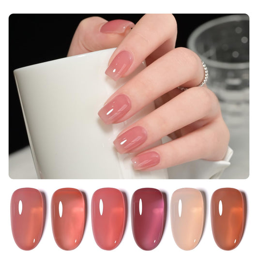 GAOY Jelly Burgundy Gel Nail Polish Set, 6 Transparent Colors Red Pink Brown Nude Soak Off UV Light Cure Gel Polish Kit for Salon and Nail Art DIY at Home