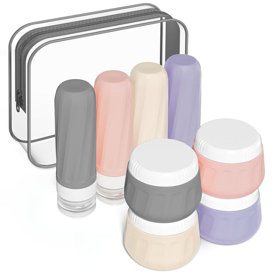 Travel Bottles for Toiletries 8 Pack, Travel Size Toiletries, Tsa Approved Travel Size Containers 3oz, with Travel Essentials Clear Bag, Leak Proof Silicone Squeezable Creams Jars