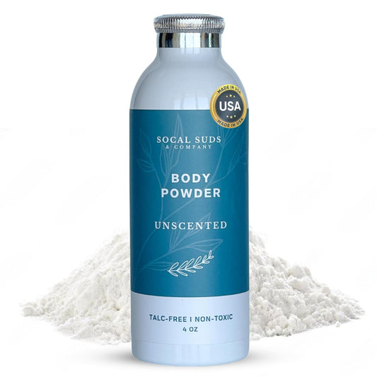 SoCal Suds & Company - Natural Body Powder Talc-Free - with Arrowroot Powder, Kaolin, Aspen Bark Extract for Soft Soothing Delicate Skin - Fragrance Free, 4oz, 1-Pack