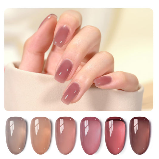 GAOY Jelly Pink Nude Gel Nail Polish Set, 6 Transparent Colors Sheer Red Brown Soak Off UV Light Cure Gel Polish Kit for Salon and Nail Art DIY at Home