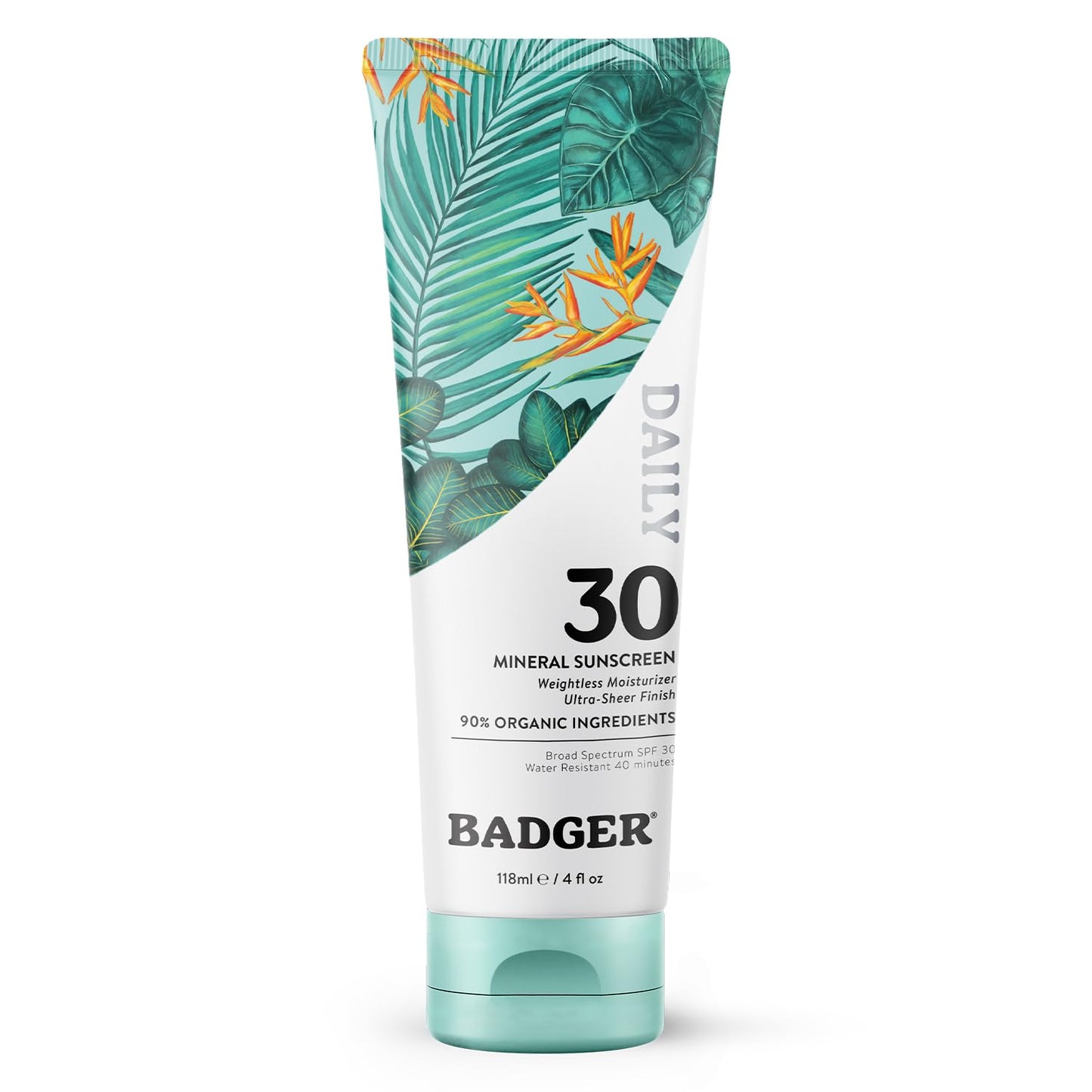 Badger Mineral Daily Sunscreen with Zinc Oxide, SPF 30, Lightweight & Easy to Apply w/No White Cast, Moisturizing Organic Sunscreen, Reef Safe, Vegan, Unscented, 4 fl oz