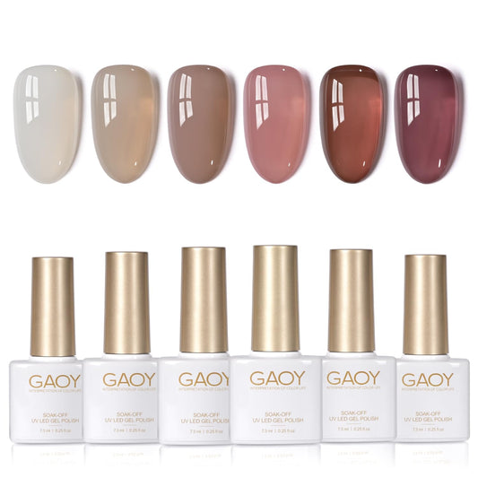 GAOY Jelly Brown White Gel Nail Polish Set, 6 Translucent Colors Sheer Pink Maroon Soak Off UV Light Cure Gel Polish Kit for Salon and Nail Art DIY at Home