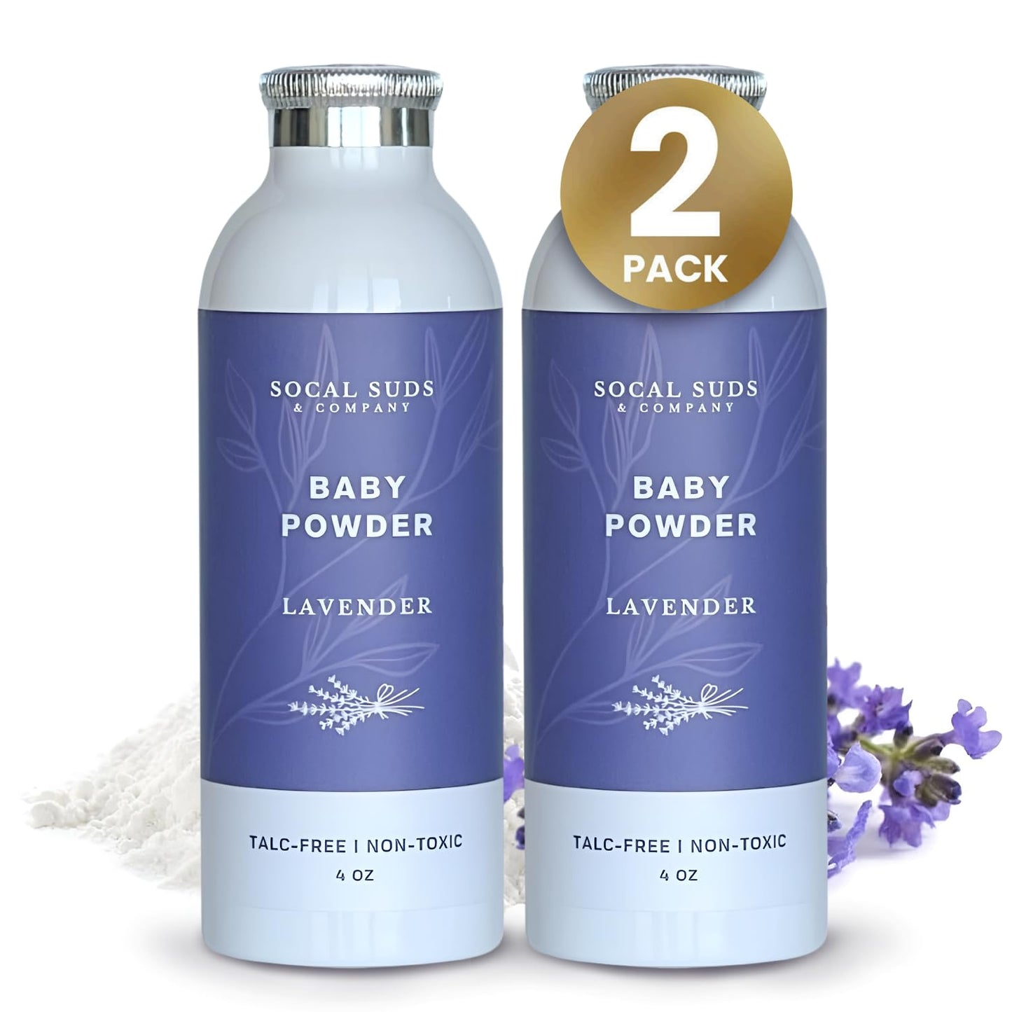 SoCal Suds & Company - Natural Baby Powder Talc-Free - with Arrowroot Powder, Kaolin, Aspen Bark Extract for Soft Soothing Protected Skin - Gentle Absorption - Lavender, 4oz, 2-Pack