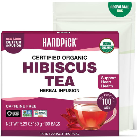 HANDPICK, Organic Hibiscus Tea Bags (100 Tea Bags) | Caffeine-Free, 100% Natural Pure Indian Hibiscus Flowers | Ayurvedic Benefits in every sip