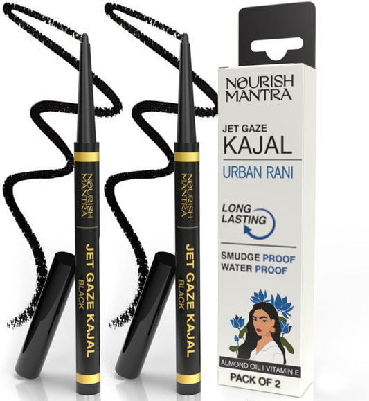 NOURISH MANTRA Jet Gaze Kajal Urban Rani - Combo - Black & Black 0.35g/ with Almond Oil, Argan Oil & Vitamin E/Intense Pigmentation/Smudge Proof/Water Proof/Long Lasting