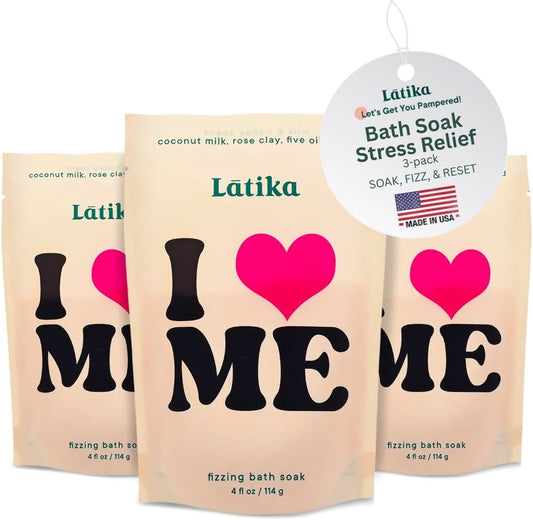 Latika Soak Set of 3 - I Heart Me Bath Soaks with Oats, Milk & Honey for Self-Love & Self-Care – for Relaxation, Muscle Recovery & Skin Nourishment – Stress Relief Soaking Salts