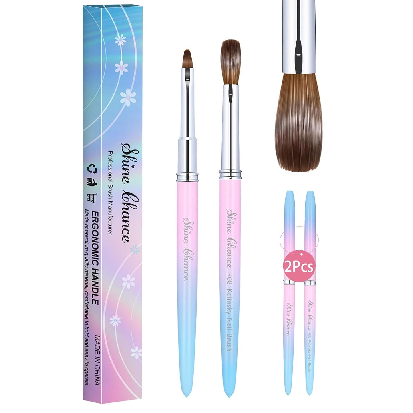 2Pcs Acrylic Nail Brushes Set, 100% Pure Kolinsky Size 8 Nail Art Brush & Small Clean Up Brush, Art Design & Polish Mistake Cleaning Manicure Tools for Women Acrylic Application