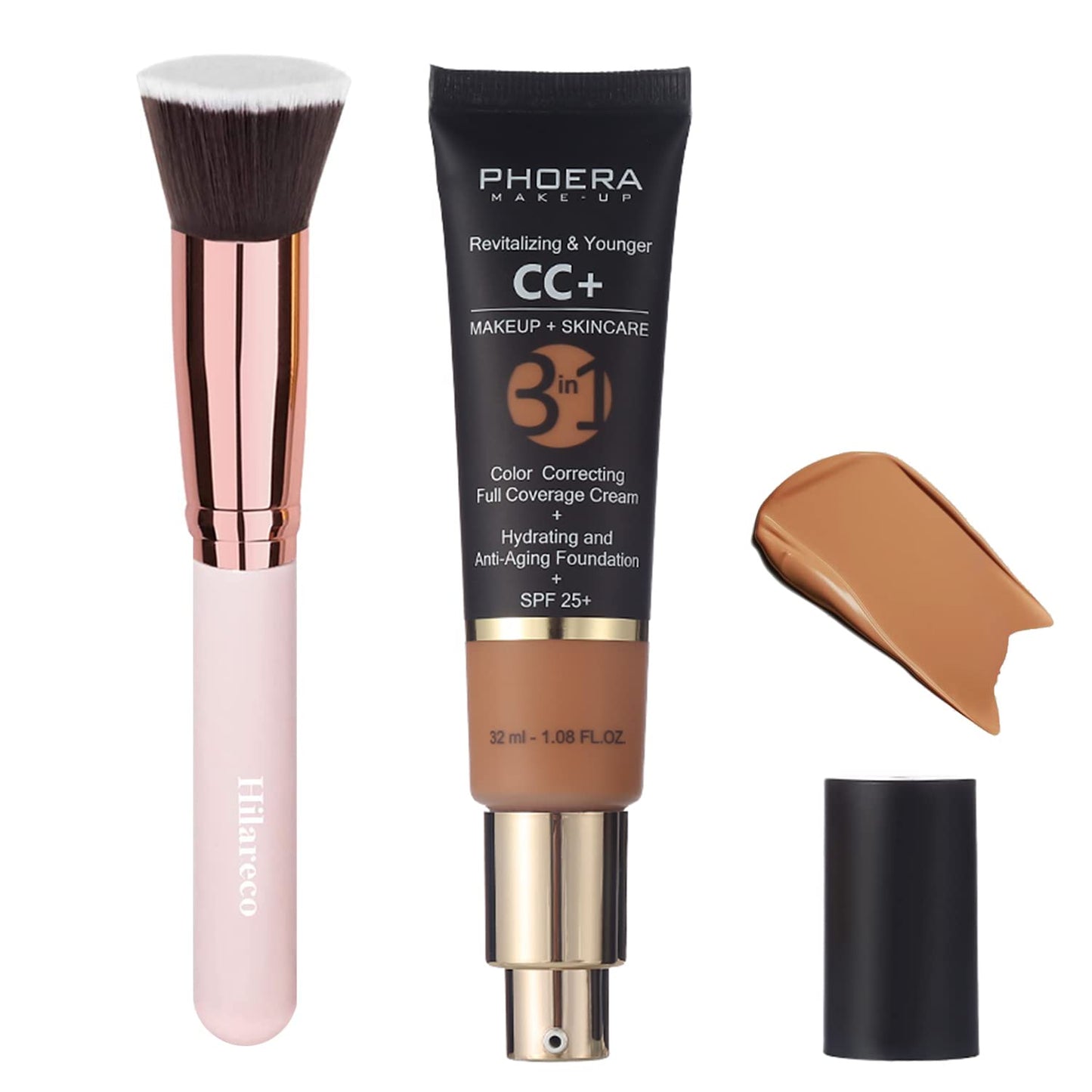 PHOERA CC+ Cream,Full Coverage Foundation，Color Correcting Cream,Anti Aging Hydrating Serum & SPF 25+ Sunscreen - Natural Finish - 1.08 fl oz (180 Tan)