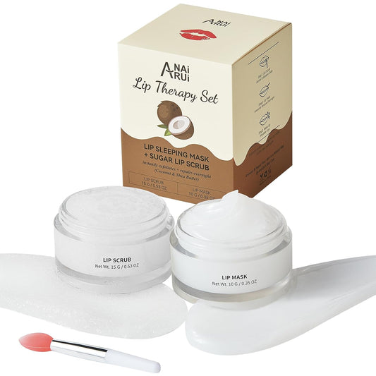 ANAI RUI Coconut Lip Scrub & Lip Mask Set with Shea Butter, Lip Scrubber Exfoliator Enriched with Vitamin E, Sugar Scrub for Dry Lips, Hydrating Lip Mask for Overnight Use, Gift Set for Girls
