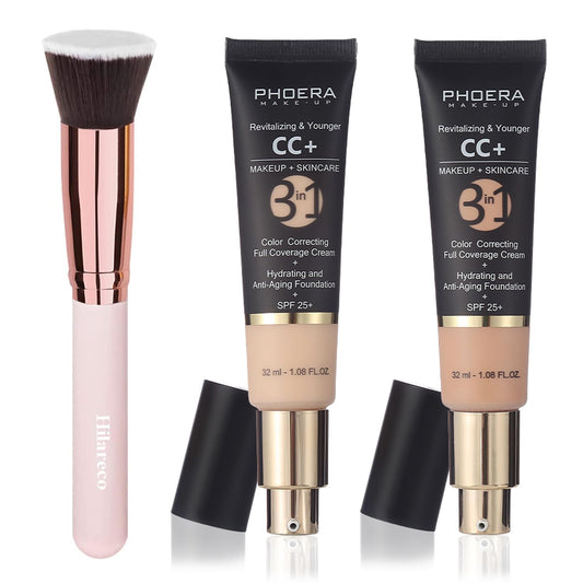 PHOERA CC Cream Foundation With SPF,PHOERA Full Coverage Foundation Color Correcting Cream,Anti Aging Hydrating Serum & SPF 25+ Sunscreen Natural Finish1.08 floz (100 Porcelain+120 Nude)