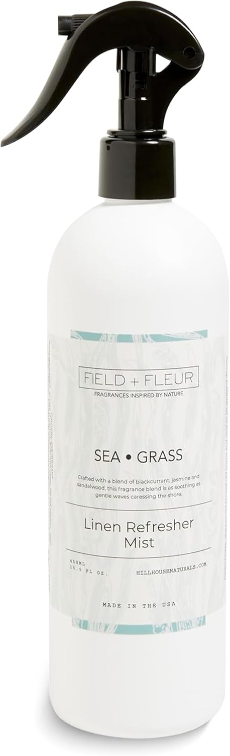 FIELD FLEUR Sea Grass Linen & Room Spray 15.5 oz - Aromatic & Refreshing Bedding & Fabric Mist - Air Freshener for Clothes & Sofas - Notes of Blackcurrant, Jasmine & Sandalwood - Made in USA