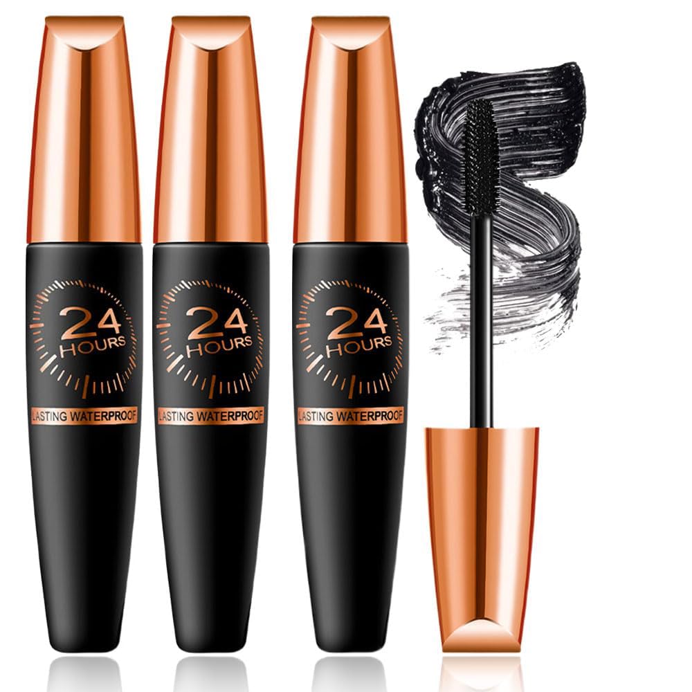 3 PCS Waterproof Silk Fibre Thick Lengthening Mascara, 4D Silk Fiber Lash Mascara for Women, Long Lasting Smudge-Proof Curling Eyelashes Mascaras Black Volume and Length Natural, All Day Full (3 PCS)