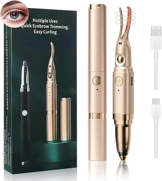 Heated Eyelash Curlers - 2 in 1 Electric Eyelash Curler & Eyebrow Trimmer for Women Best for Women's Makeup Tool Type C Rechargeable Natural Curling Easy for Beginners to Use (Gold-001)