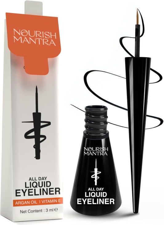 Nourish Mantra's All-Day Liquid Eyeliner 3ml | Formulated with Argan Oil, Vitamin E & Glycerine | Intense Pigmentation | Smudge Proof | Waterproof | Long Lasting | Matte Finish | Black Color