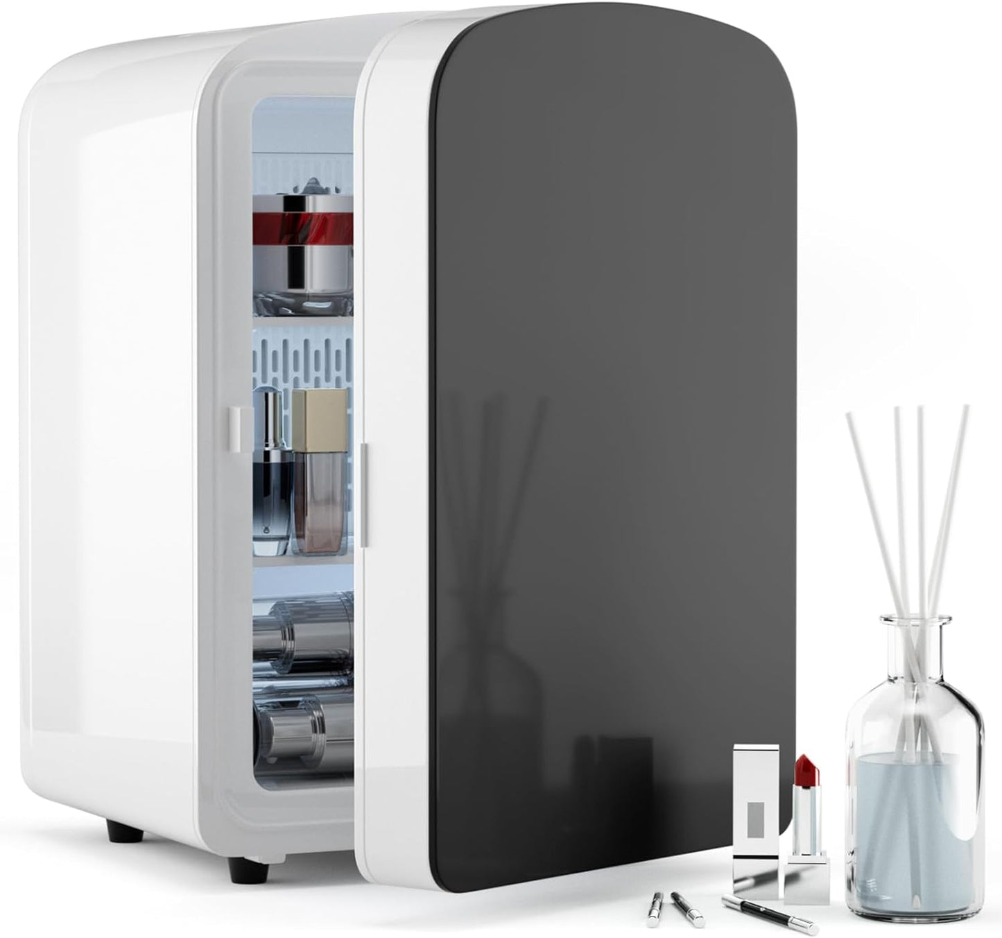 9L Mini Fridge for Bedroom - Car, College Dorm Room & Office Desk 12v Portable Cooler Warmer Skincare, Beauty Makeup, Drinks, Food AC/DC Small Refrigerator with Glass Front, 110 Volts, White