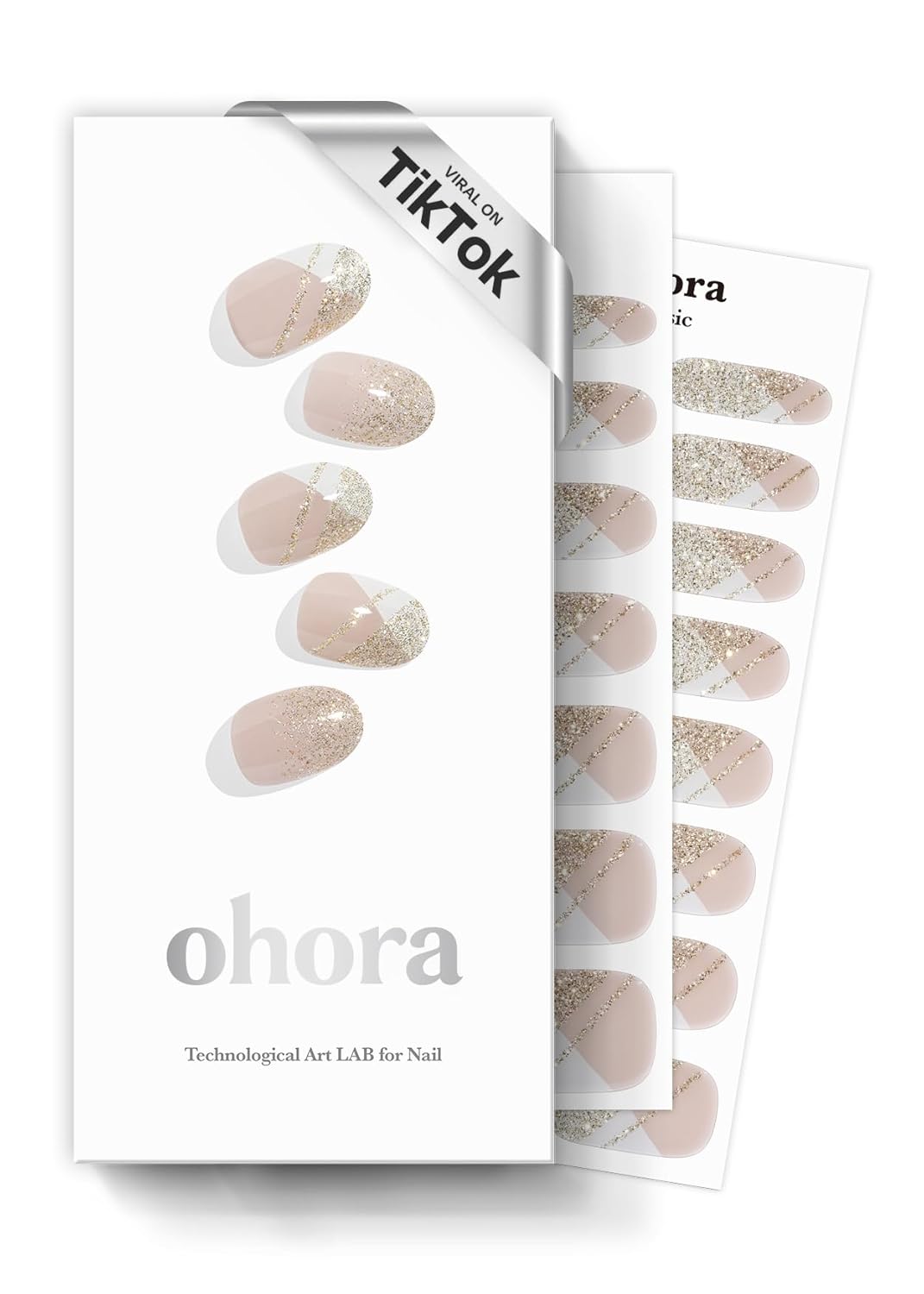 ohora Semi Cured Gel Nail Strips (N Golden Glint) - Nude/White Works with Any UV/LED Lamps, Salon-Quality, Long Lasting, Easy to Apply & Remove - Includes 2 Prep Pads, Nail File & Wooden Stick