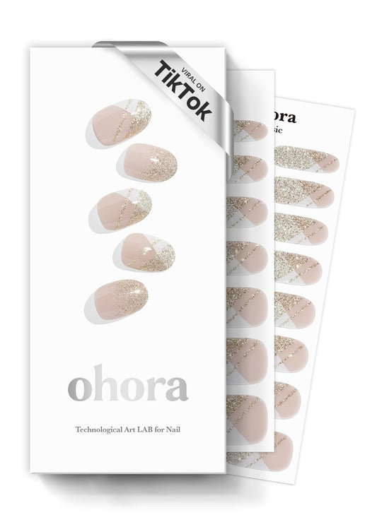 ohora Semi Cured Gel Nail Strips (N Golden Glint) - Nude/White Works with Any UV/LED Lamps, Salon-Quality, Long Lasting, Easy to Apply & Remove - Includes 2 Prep Pads, Nail File & Wooden Stick