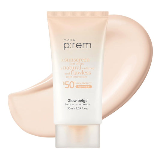 MAKE P:REM Glow Beige Tone Up Sunscreen, Foundation-Free Mineral Sun Care, Skin Tone Correction, Lightweight, Korean Sunscreen, Korean Skin Care, SPF 50, 1.69 Fl. Oz. 50ml