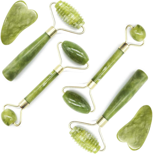 TIHOOD 6PCS Massage Tools Kits, 4 PCS Jade Roller Facial Ridged Roller Kits Skin Roller with 2 Pieces Scraping Massage Tools Anti Aging and Wrinkles for Face, Eye, Neck, Body for Lymphatic Massage