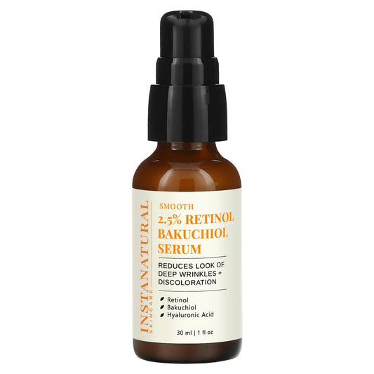 InstaNatural Retinol Serum for Face with 2.5% Retinol, Bakuchiol, Hyaluronic Acid & Squalane | Smoothing Serum for Even-Toned, Youthful-Looking Skin - 1 Fl Oz