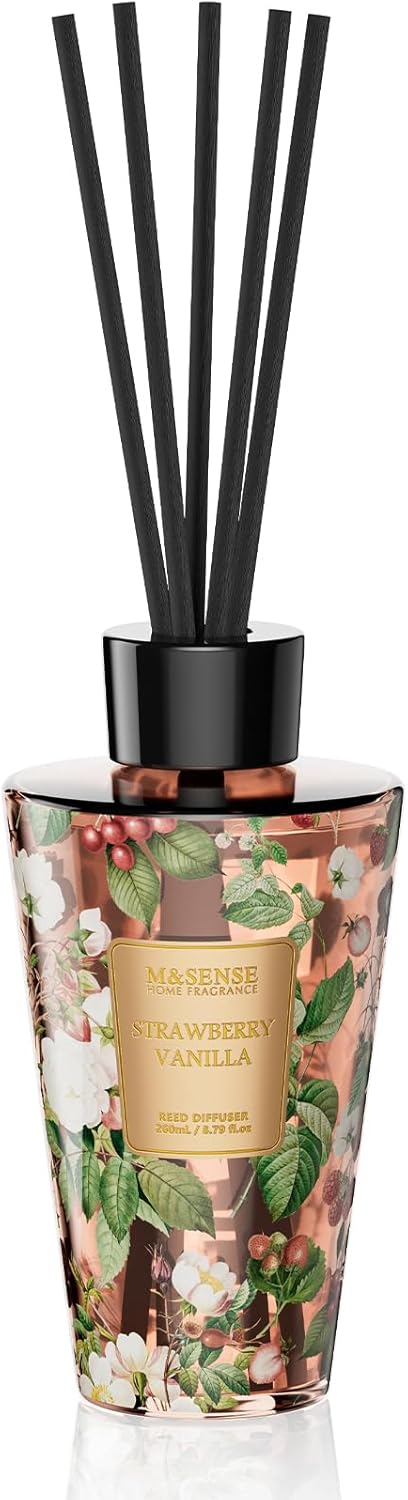 M&SENSE Strawberry Vanilla Scent Reed Diffuser Set - 8.79fl oz Home Fragrance Non-Toxic Essential Oil Diffuser with All Natural Sticks, Long Lasting Air Freshner Gifts for Housewarming Gift