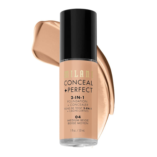 Milani Conceal + Perfect 2-in-1 Foundation + Concealer for a Flawless Complexion, Under Eye Corrector, Cover Redness and Imperfections, Waterproof and Sweatproof - Medium Beige