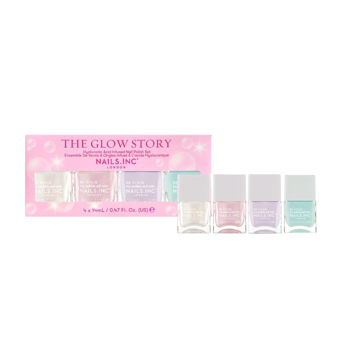 Nails Inc The Glow Story Nail Polish Set, Hyaluronic Acid, Glossy, No Chip, Long Lasting, Quick Dry, Air Dry, Professional Manicures & Pedicures, Fingernails & Toenails, Vegan Nail Polish, 4 Piece Set