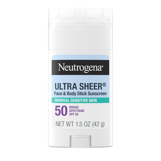 Neutrogena Ultra Sheer Dry Touch SPF 50 Mineral Sunscreen Stick for Sensitive Skin, Zinc Oxide, Body & Face Sunscreen with Vitamin E, No White Residue & Vegan, 1.5 oz