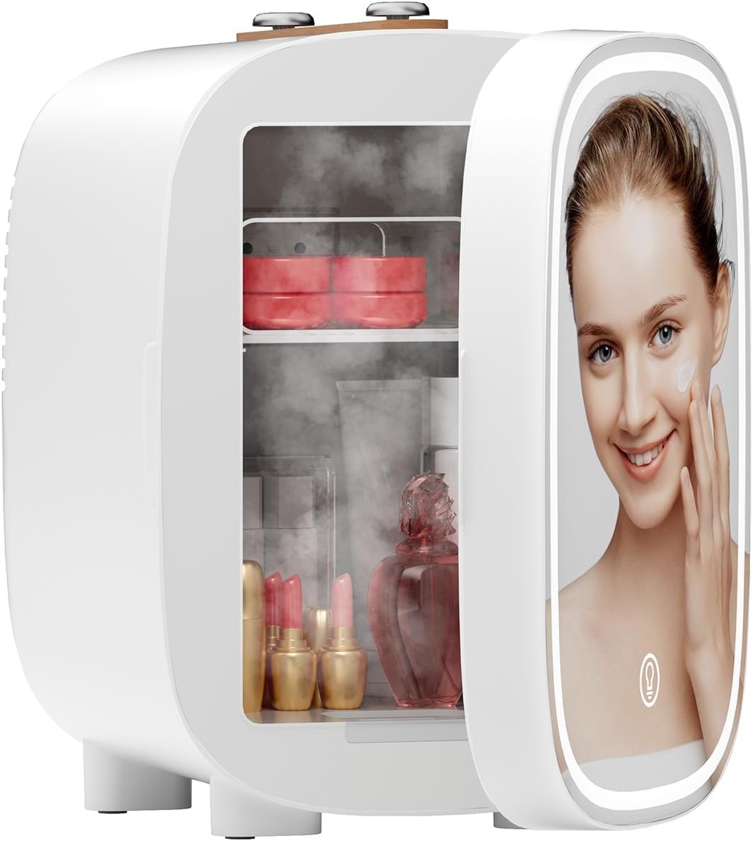 DF01A Skincare Fridge, Mini Fridge for Bedroom with 3-Level Dimmable LED Light Mirror, Low Noise 4L Makeup, Cooler & Warmer, Portable Design for Multiple Uses - Bathroom, Office, Dorm and Car