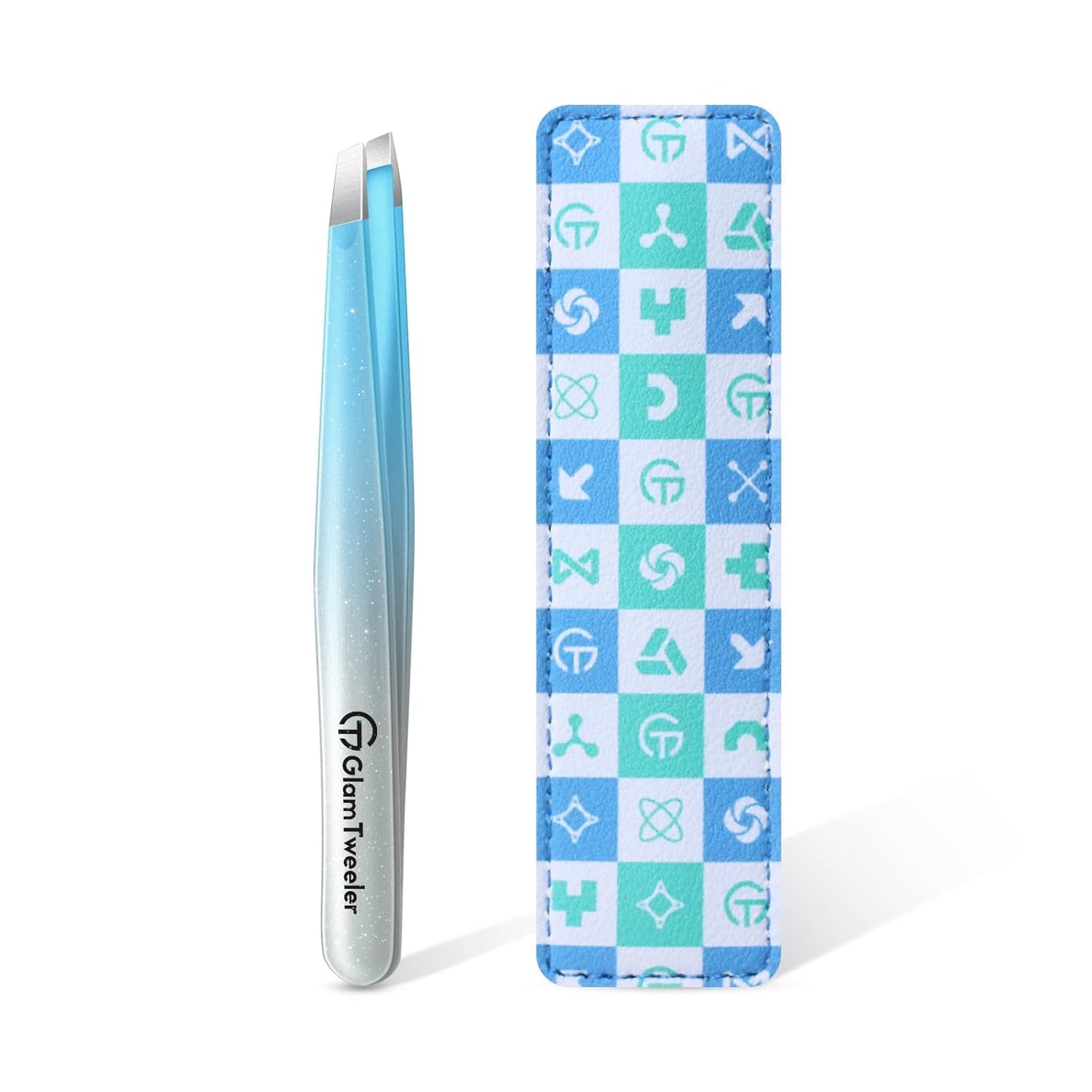 Expert Slant Tip Tweezers with Leather Case, GlamTweeler Sharp & Precision Stainless Steel Tweezer for Eyebrows, Facial Hair and Fine Hairs Removal (Sparkle Blue & Silver)