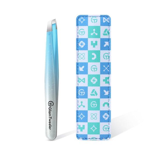 Expert Slant Tip Tweezers with Leather Case, GlamTweeler Sharp & Precision Stainless Steel Tweezer for Eyebrows, Facial Hair and Fine Hairs Removal (Sparkle Blue & Silver)