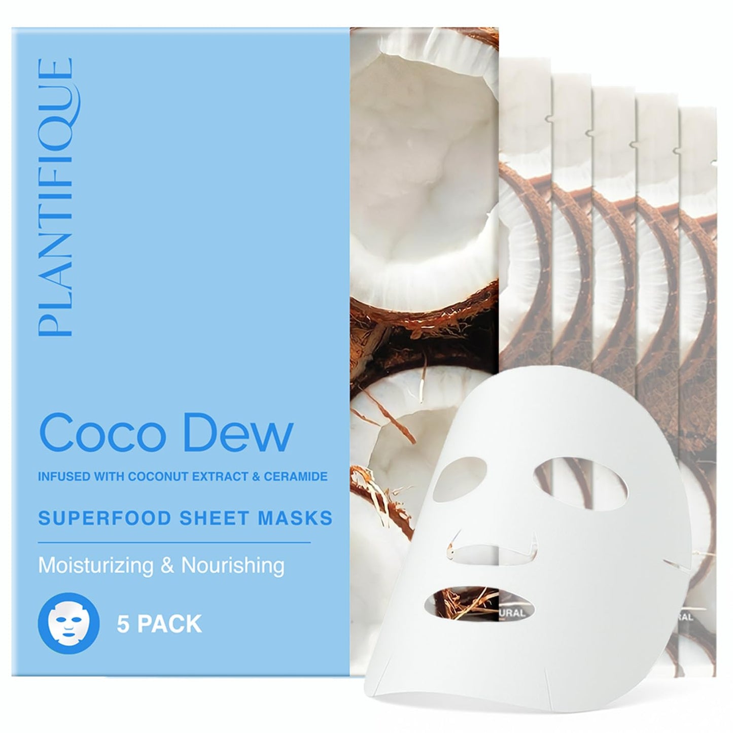 PLANTIFIQUE Facial Sheet Mask Coco Dew 5 Pack – Moisturizing Face Mask with Coconut & Ceramide – Radiant Skin Nourishing Korean Skincare Pack for All Skin Types