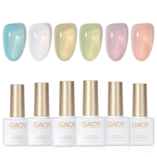 GAOY Jelly Green Spring Summer Gel Nail Polish Set, 6 Transparent Colors Sheer White Blue, Soak Off UV Light Cure Gel Polish Kit for Nail Art DIY at Home