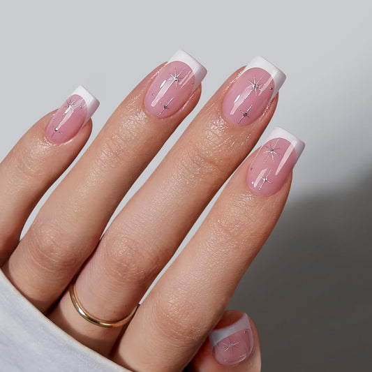 BTArtbox French Tip Press On Nails - Pink Short Press On Nails with Stars, Soft Gel Glue On Nails with Nail Glue in 16 Sizes, 32 Stick on Nails Kit for Christmas, Starlit Sparkle