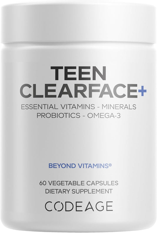Codeage Teen Clearface Adolescent Face, Skin & Pimples, Vitamins A, C, D3, E, Pantothenic Acid, Niacin, Zinc Supplement Teenagers, Probiotics, L-Lysine, Omega-3, Oily Skin, Pores, Spots - 60 Capsules